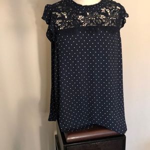 Loft Black & white Polka Dot Blouse, Lace, Short Sleeve